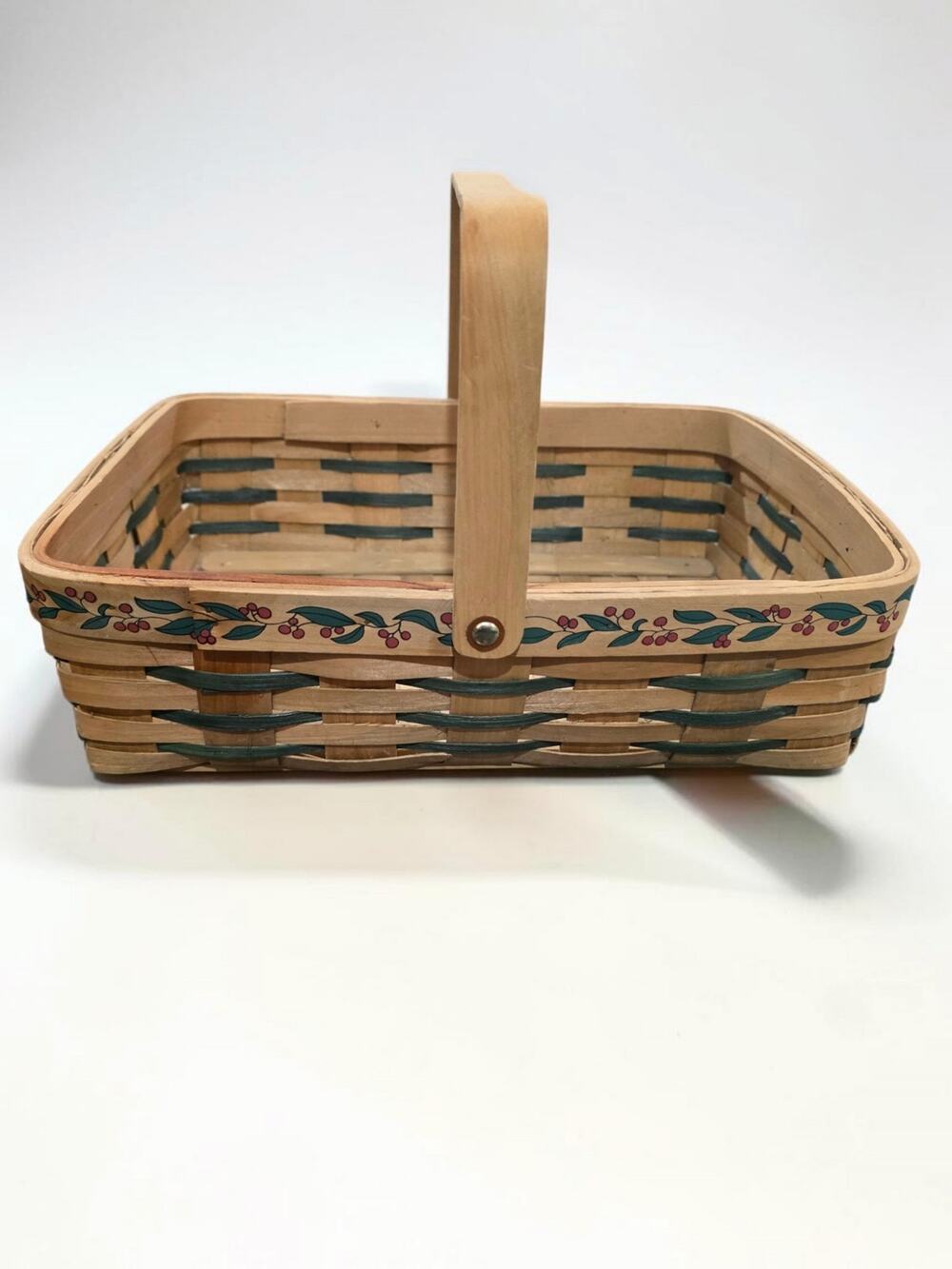 Vintage Hand Painted Wood Splint Basket Berry Floral Green Woven Carry Handle